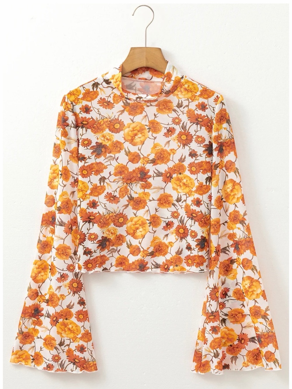 NEW Medium Orange Sheer Mesh Retro Floral Bell Sleeve Mock Neck Blouse - Picture 7 of 9
